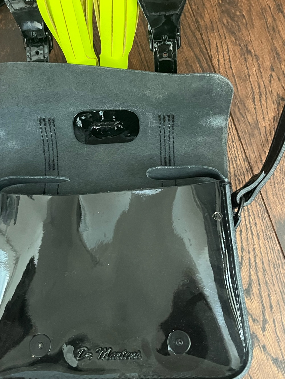 Dr Martens Black Patent Crossbody Bag with Neon Yellow Tassel - Picture 6 of 13